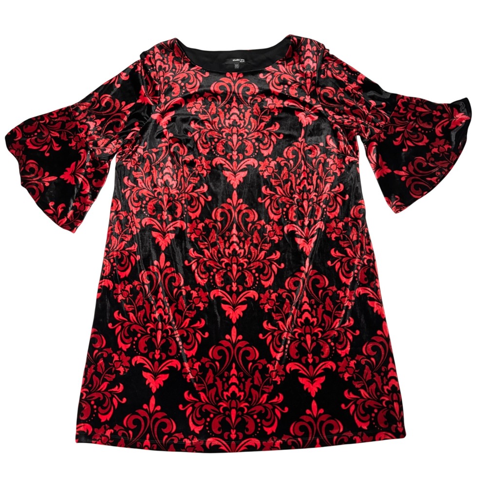 Studio One 22W Velvet Burnout Dress Red Black Whimsigoth Damask Bell‎ Sleeve - Picture 10 of 15